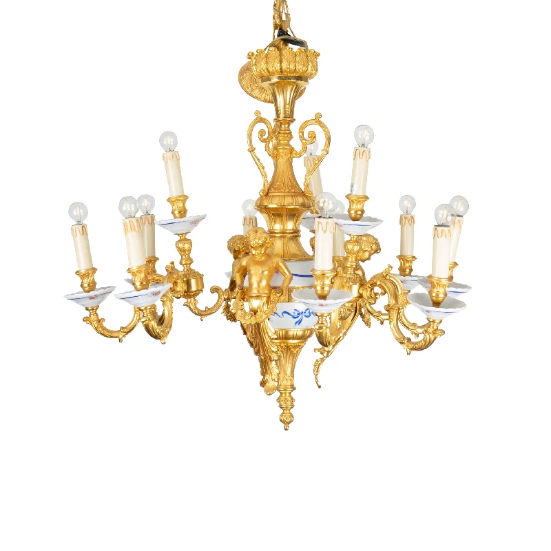 Chandeliers with Adjustable Height for Custom InstallationChandeliers with Adjustable Height for Custom InstallationA FRENCH LOUIS XV STYLE GILT BRONZE AND PORCELAIN 12 LIGHT FIGURAL CHANDELIER, 20TH CENTURY