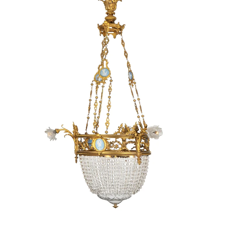 French Country Chandeliers with a Romantic AuraFrench Country Chandeliers with a Romantic AuraAN ENGLISH GILT BRONZE, WEDGWOOD & GLASS THREE LIGHT CHANDELIER, 19TH CENTURY