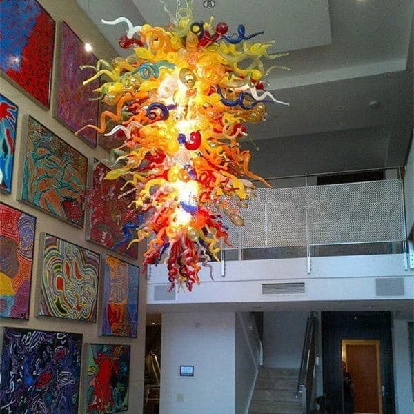 Chandeliers with Metal Frames in Gold FinishChandeliers with Metal Frames in Gold FinishBlown Glass Chandelier Large Rainbow Blooms Chihuly Style