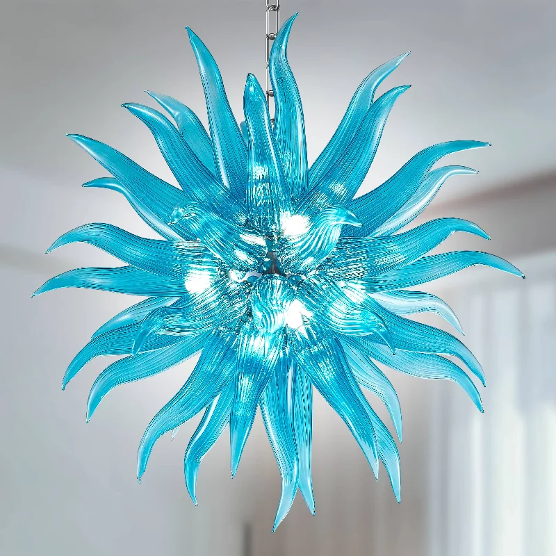 Chandeliers with Metal Frames in Silver FinishChandeliers with Metal Frames in Silver FinishBlown Glass Chandelier Ice-Blue Chihuly Style Lighting Fixture