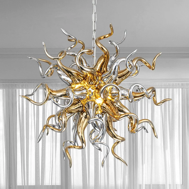 Chandeliers with Frosted Glass for a Softer Light DiffusionChandeliers with Frosted Glass for a Softer Light DiffusionSputnik Shape Blown Glass Chandelier Electroplating Golden And Silver D26Inch