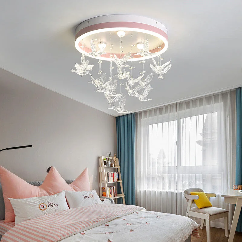 Chandeliers with Metal Frames in Bronze FinishChandeliers with Metal Frames in Bronze FinishCharming Ceiling Lights Round LED Crystal Birds Pendants D20"XH16"