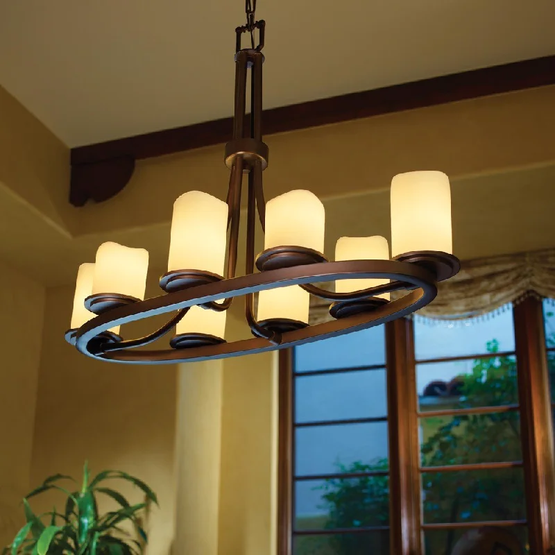 French Country Chandeliers with a Romantic AuraFrench Country Chandeliers with a Romantic AuraJustice Design CandleAria Dakota 8-light Dark Bronze Chandelier, Cream Cylinder - Melted Rim Shade