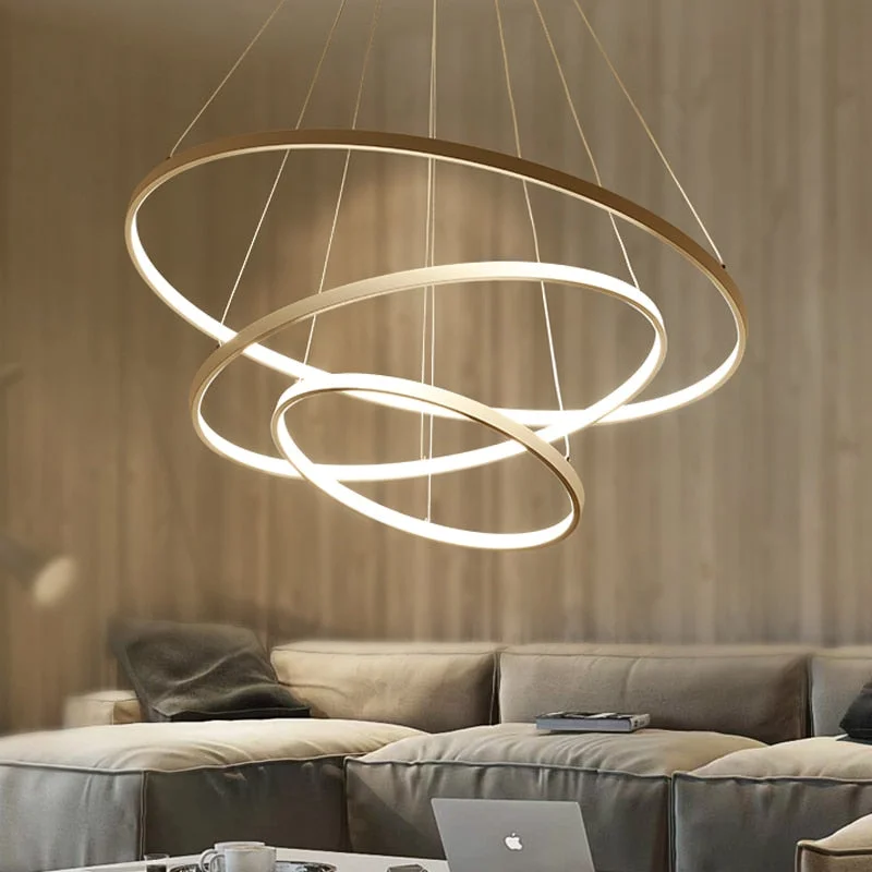 Chandeliers with Metal Frames in Gold FinishChandeliers with Metal Frames in Gold FinishModern Chandelier Tiers Ring Circles LED